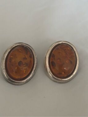 90s cognac Baltic Amber and Silver Stud Earrings